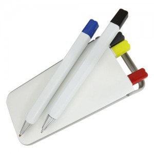 Kit 5 em 1, com caneta na cor azul, na cor preta e na cor vermelha,