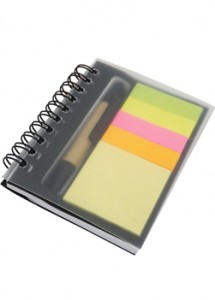 Bloco de anotaes com post-it e mini caneta (reciclvel), capa transparente