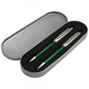 Kit estojo com caneta e lapiseira de plstico, nas cores verde e prata