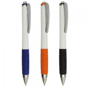 Caneta de plstico, carga azul, nas cores branco com azul, branco com preto e branco com laranja